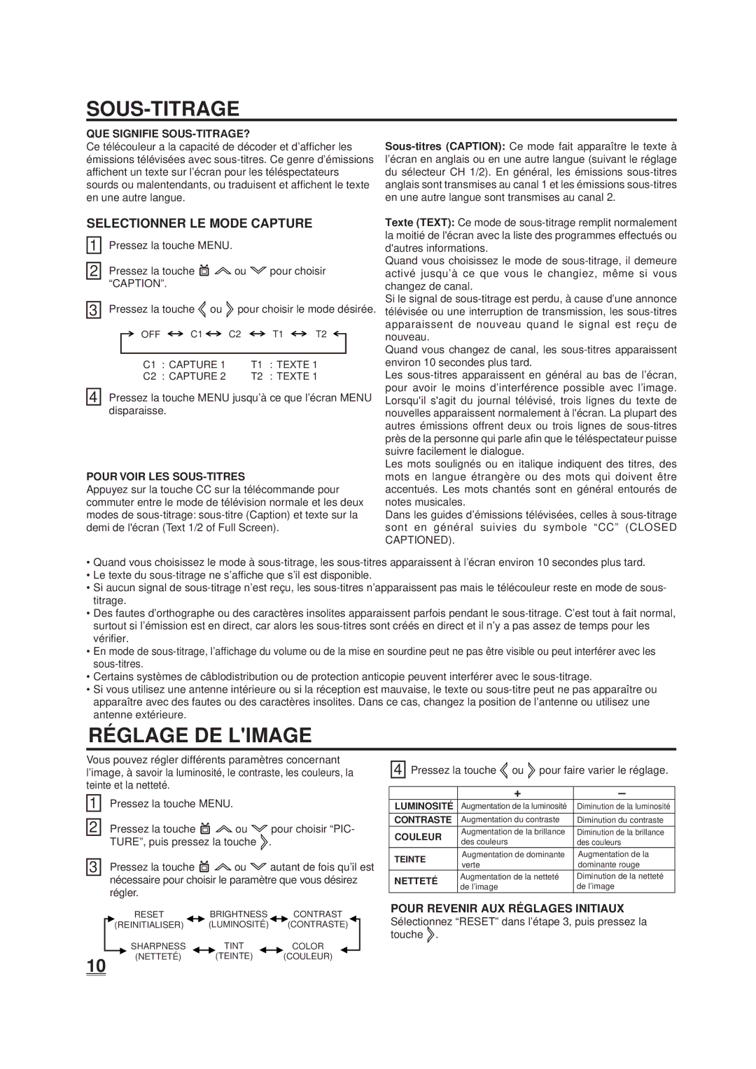 Memorex DT1900-C manual Sous-Titrage, RÉ Glage DE Limage, Selectionner LE Mode Capture, Pour Revenir AUX RÉ Glages Initiaux 