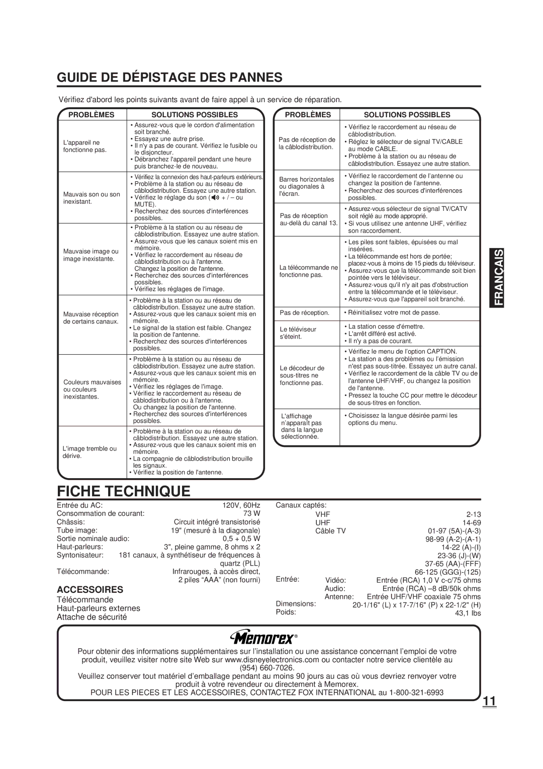 Memorex DT1900-C Fiche Technique, Guide DE DÉ Pistage DES Pannes, Accessoires, Problè MES Solutions Possibles, Vhf Uhf 