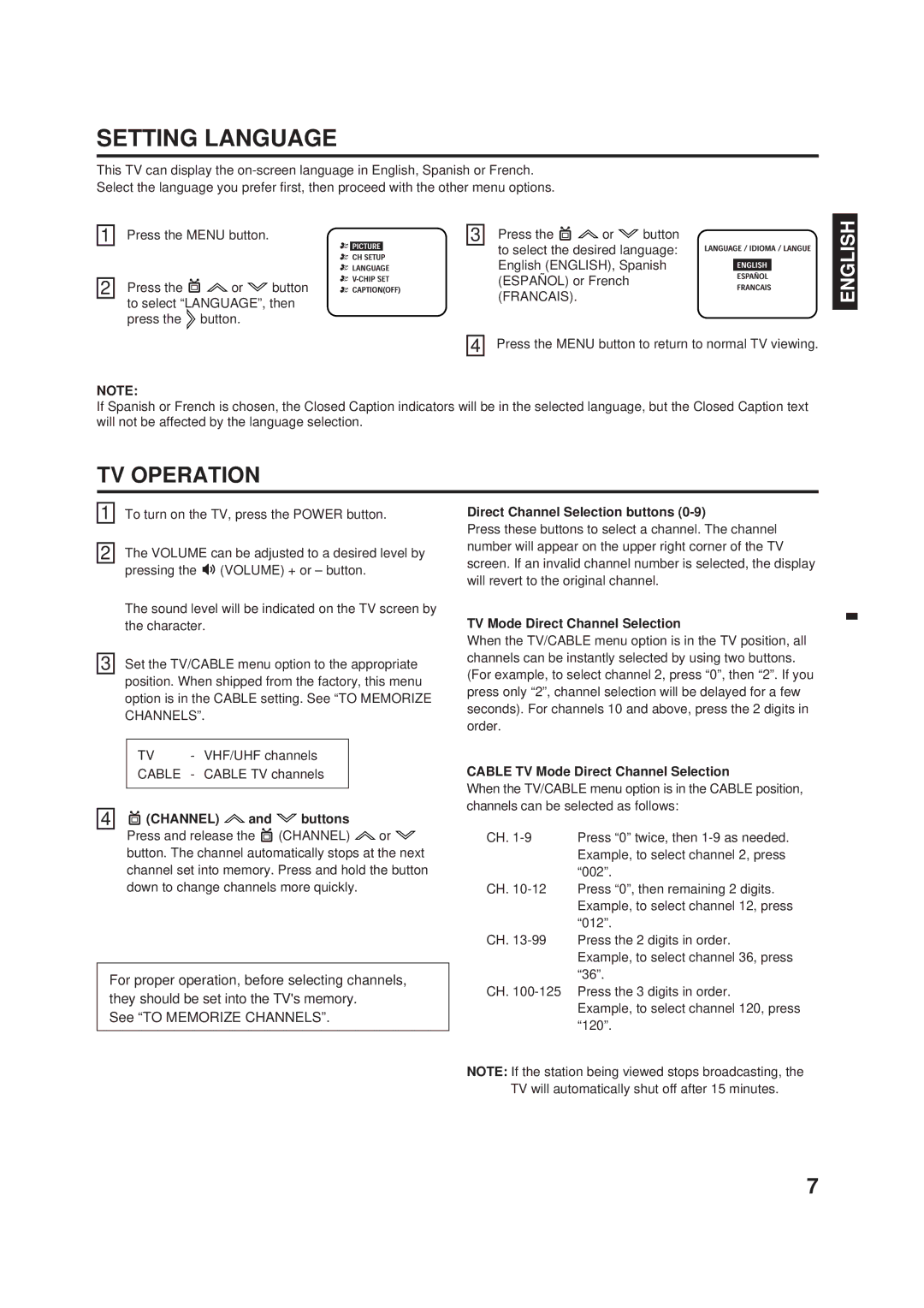 Memorex DT1900-C manual Setting Language, TV Operation, Direct Channel Selection buttons, TV Mode Direct Channel Selection 