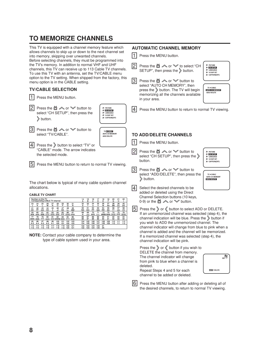 Memorex DT1900-C manual To Memorize Channels, TV/CABLE Selection, Automatic Channel Memory, To ADD/DELETE Channels 