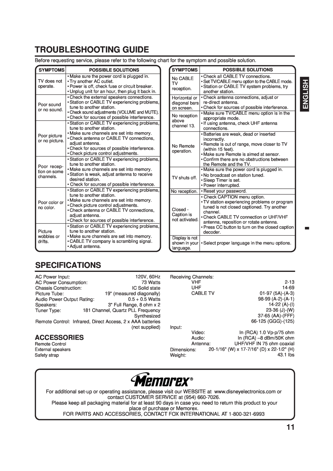 Memorex DT1900-C manual Troubleshooting Guide, Specifications, Accessories, contact CUSTOMER SERVICE at 954, English 