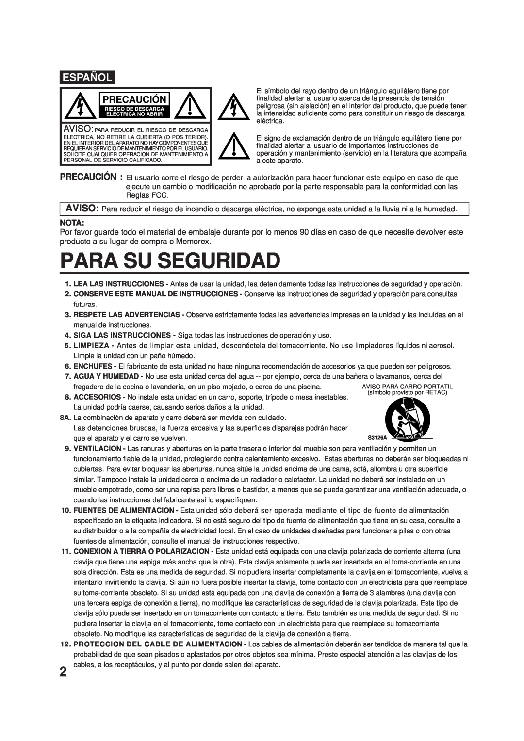 Memorex DT1900-C manual Para Su Seguridad, Españ Ol, Nota 
