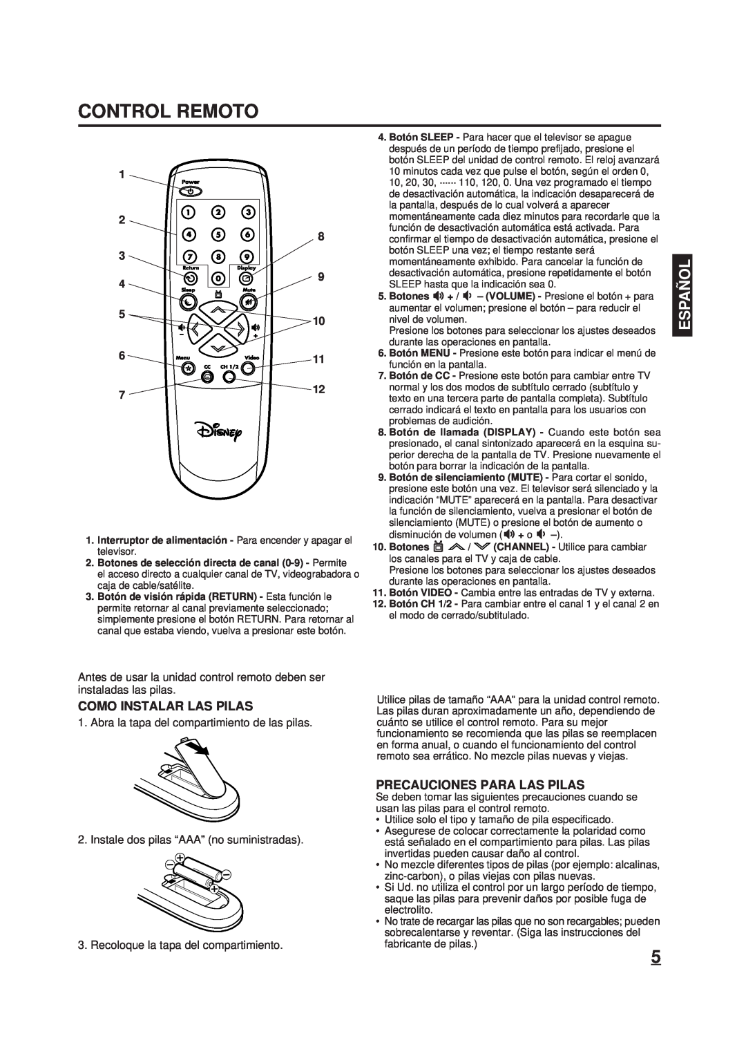 Memorex DT1900-C manual Control Remoto, Como Instalar Las Pilas, Precauciones Para Las Pilas, Españ Ol 