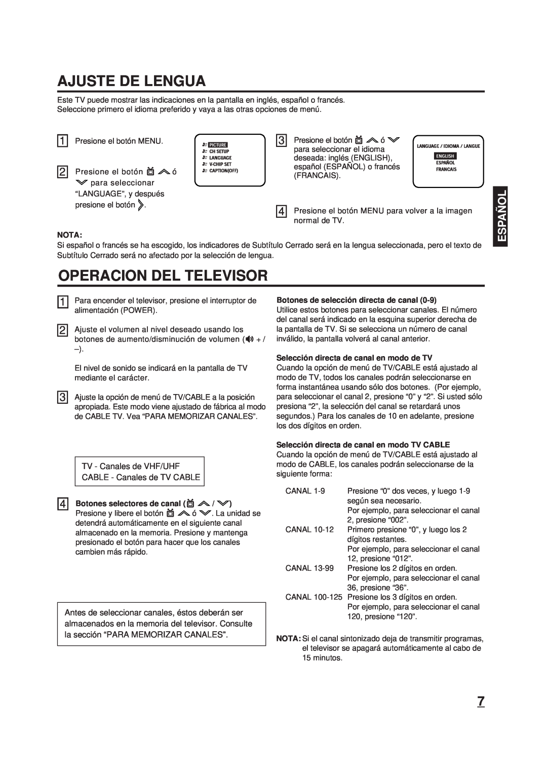 Memorex DT1900-C Ajuste De Lengua, Operacion Del Televisor, TV - Canales de VHF/UHF CABLE - Canales de TV CABLE, Españ Ol 