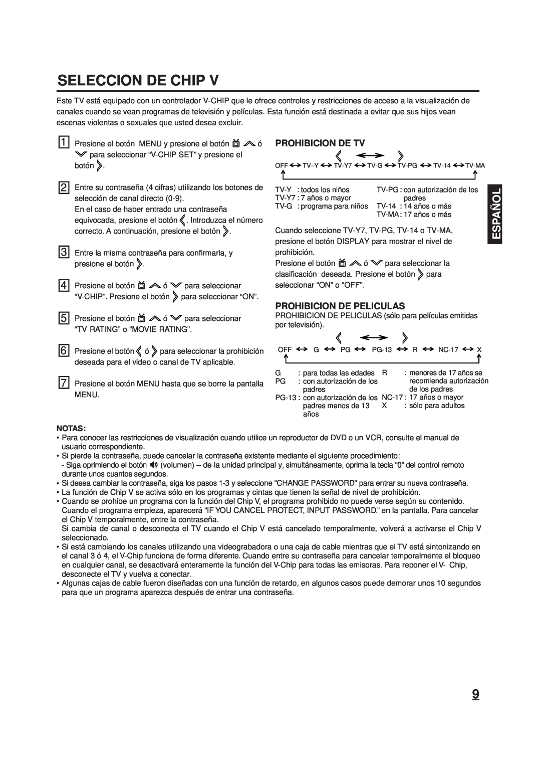 Memorex DT1900-C manual Seleccion De Chip, Prohibicion De Tv, Prohibicion De Peliculas, Españ Ol 