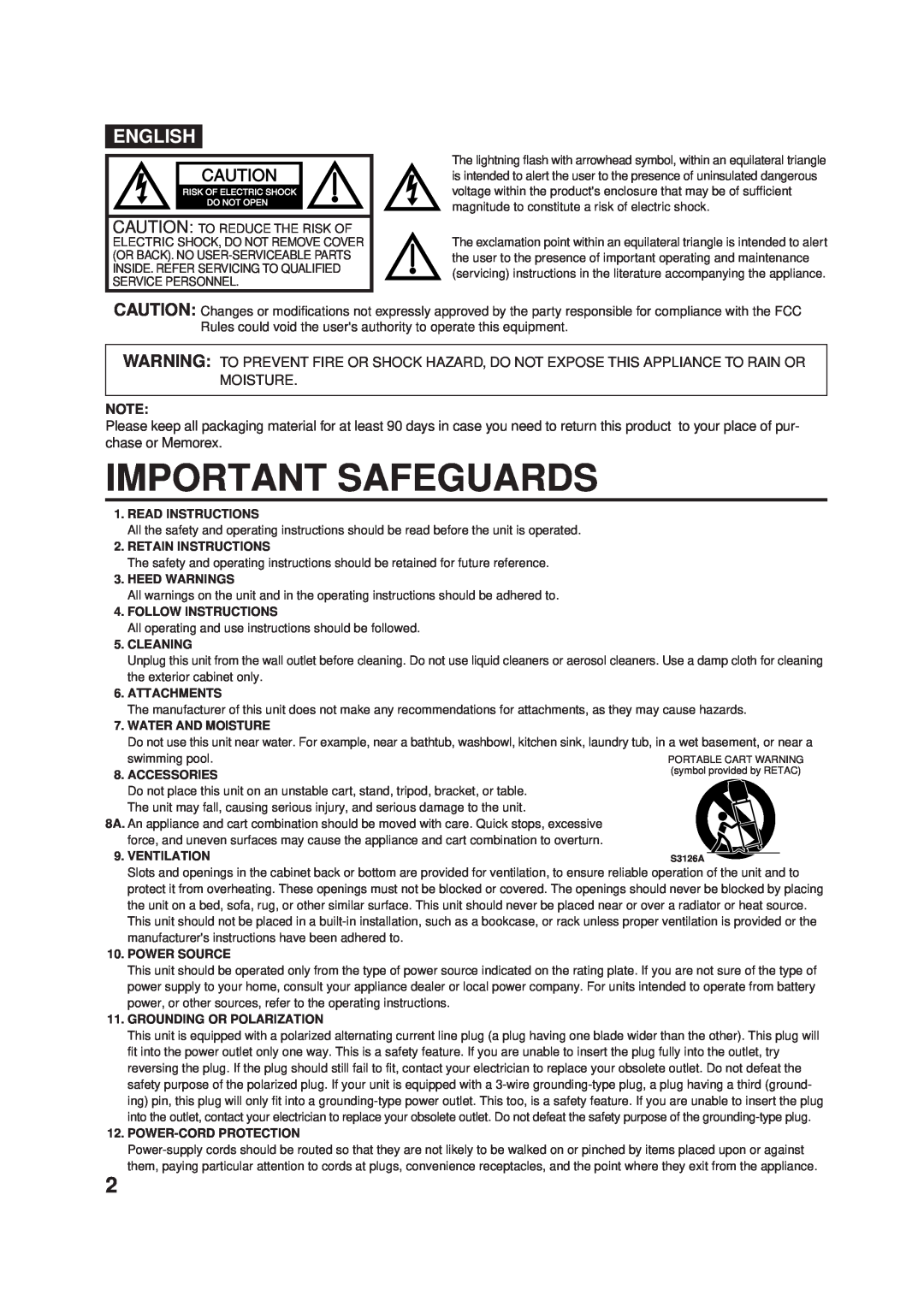 Memorex DT1900-C manual Important Safeguards, English 