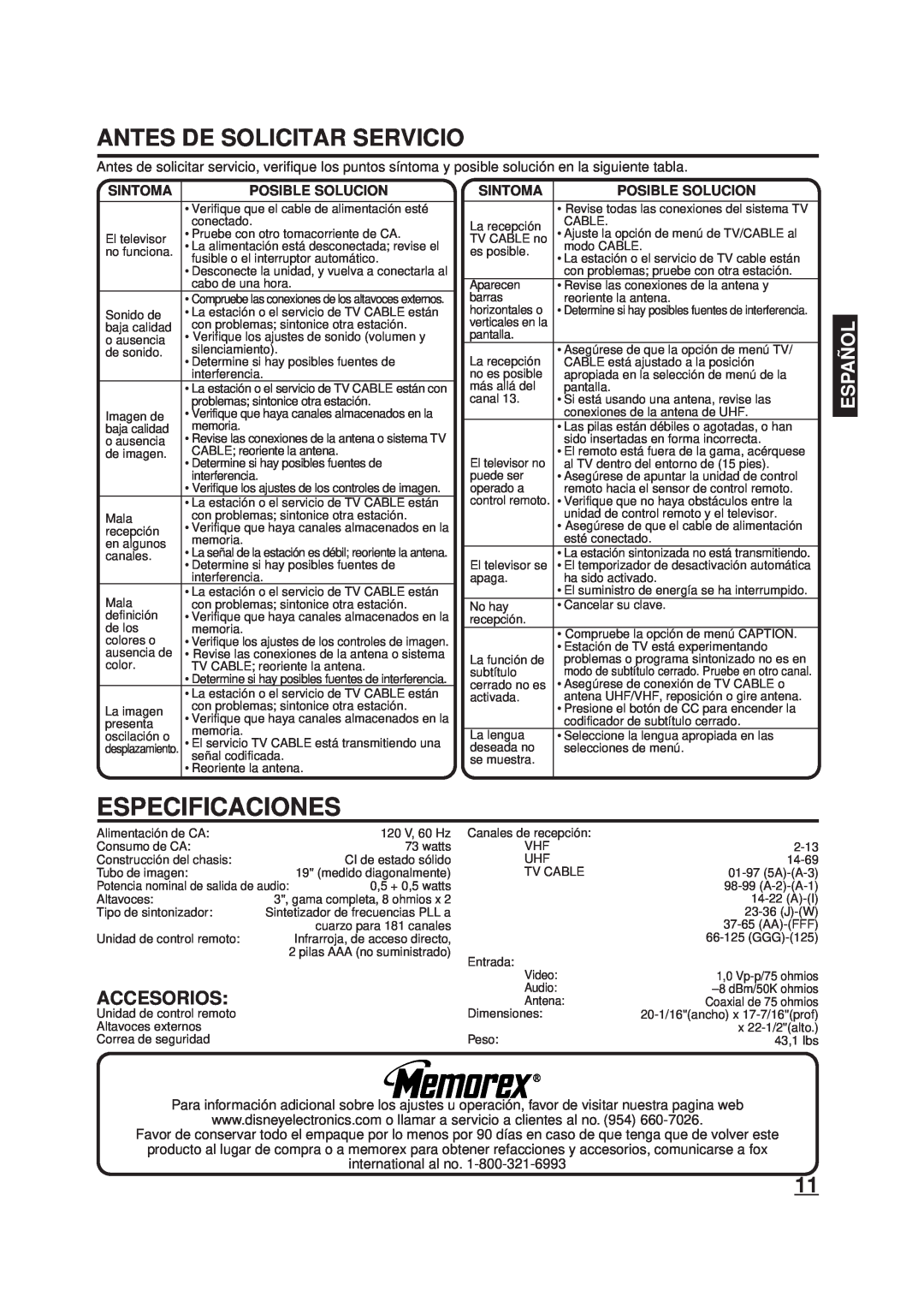 Memorex DT1900-C manual Especificaciones, Antes De Solicitar Servicio, Accesorios, Sintoma, Posible Solucion, Españ Ol 