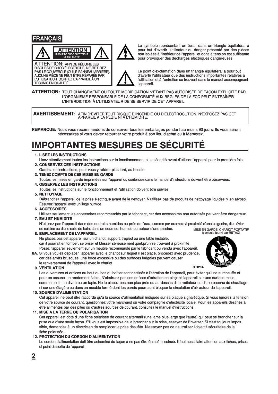 Memorex DT1900-C manual Franç Ais, Importantes Mesures De Sé Curité 