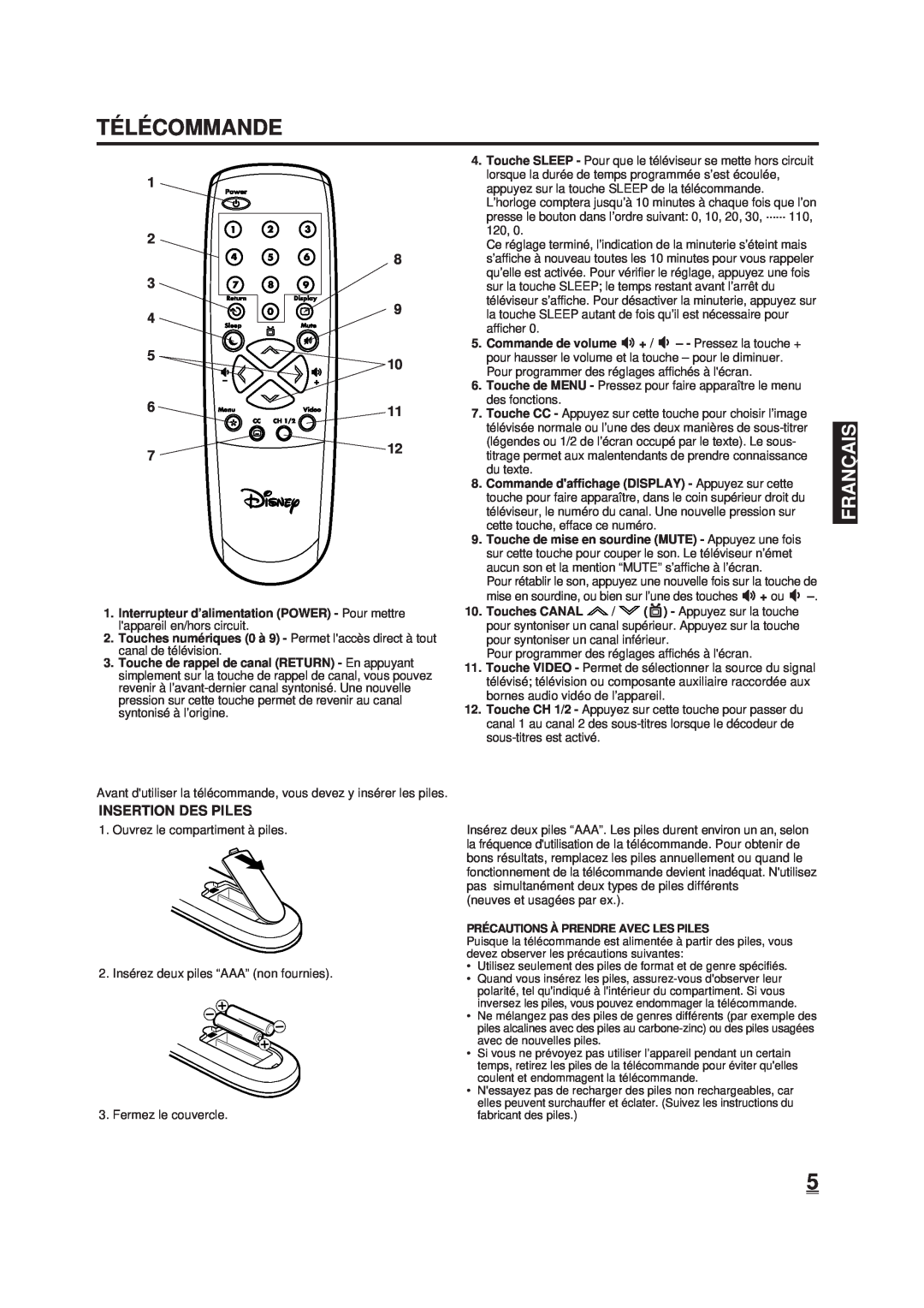 Memorex DT1900-C manual Té Lé Commande, Insertion Des Piles, Franç Ais 