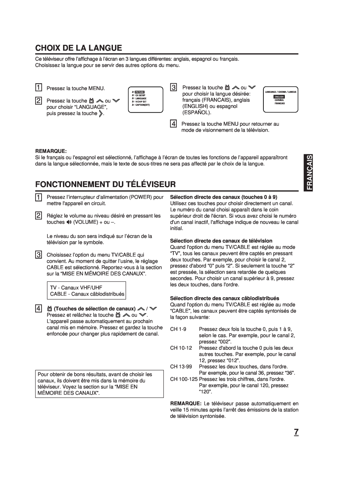 Memorex DT1900-C manual Choix De La Langue, Fonctionnement Du Té Lé Viseur, Pressez la touche MENU, Pressez la touche ou 