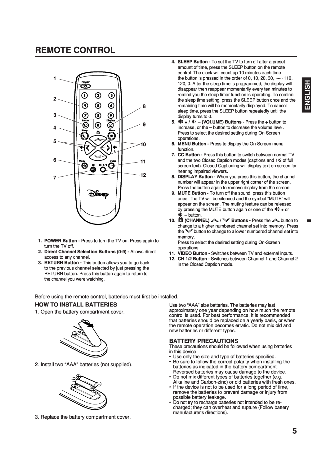 Memorex DT1900-C manual Remote Control, How To Install Batteries, Battery Precautions, Open the battery compartment cover 