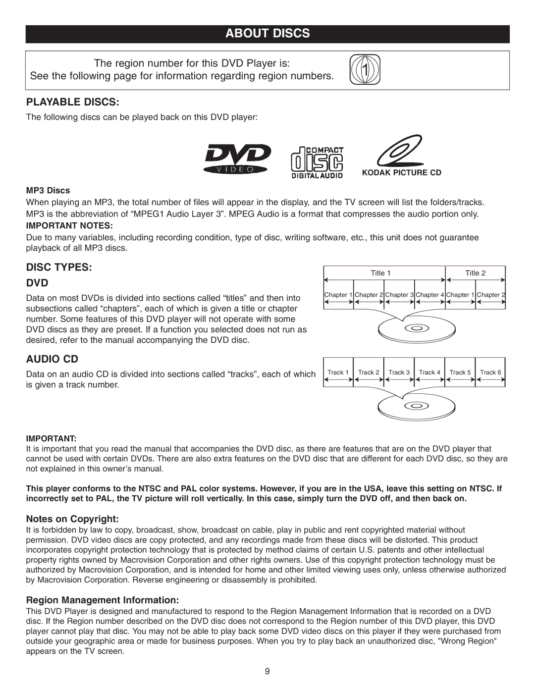 Memorex DVD2050-RWP manual About Discs, Playable Discs, Disc Types DVD, Audio CD, Important Notes 