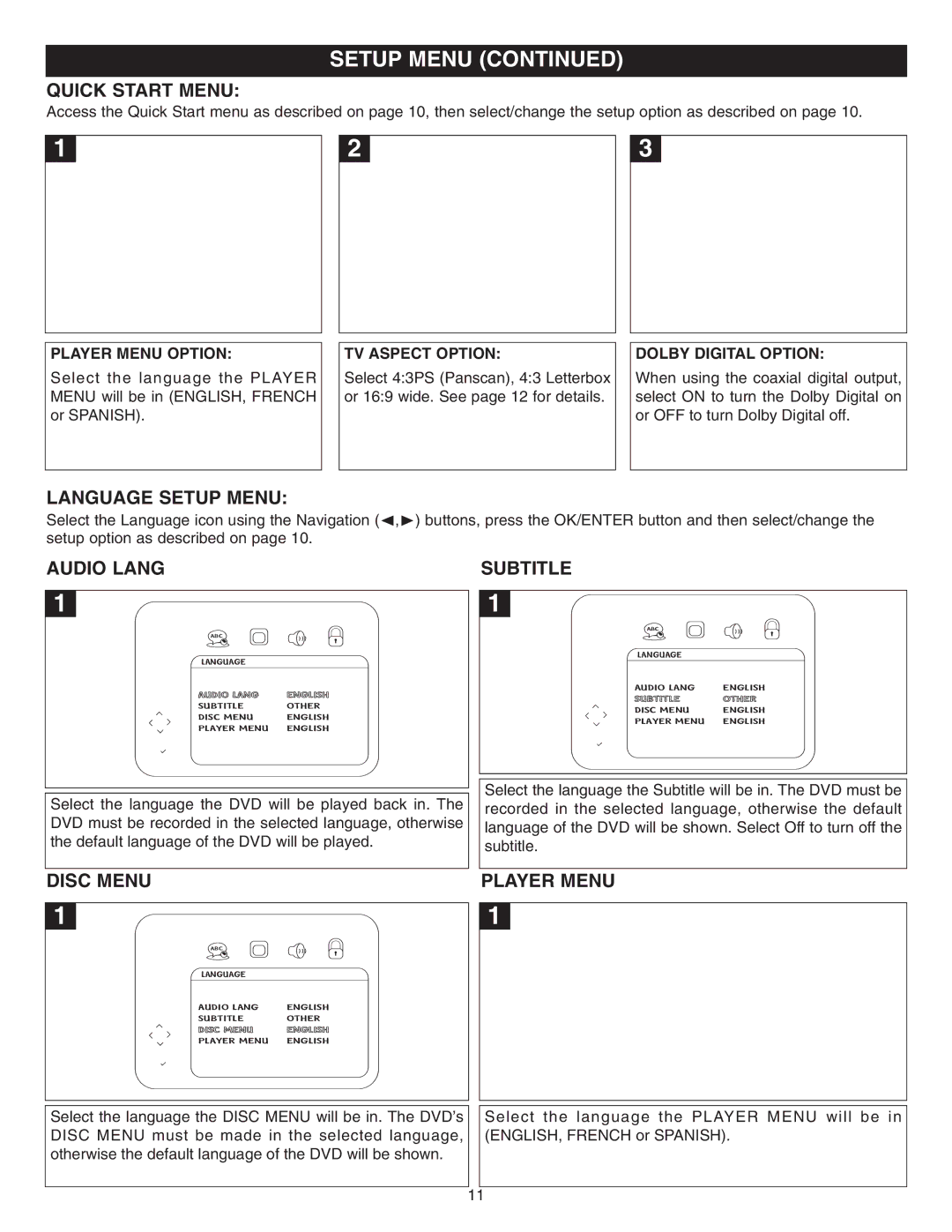 Memorex DVD2050-RWP manual Quick Start Menu, Language Setup Menu, Audio Lang, Disc Menu, Player Menu 