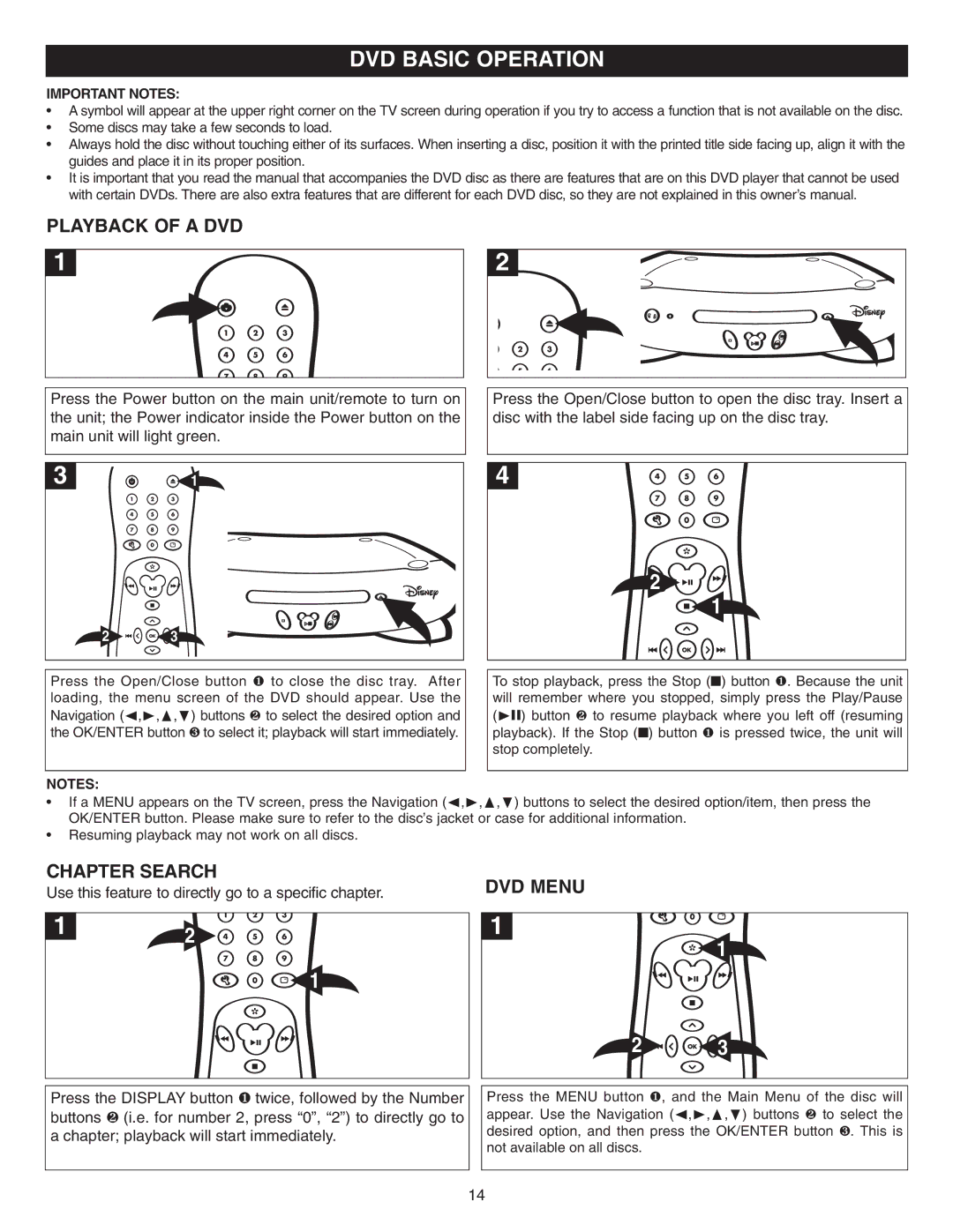 Memorex DVD2050-RWP manual DVD Basic Operation, Playback of a DVD, Chapter Search, DVD Menu 