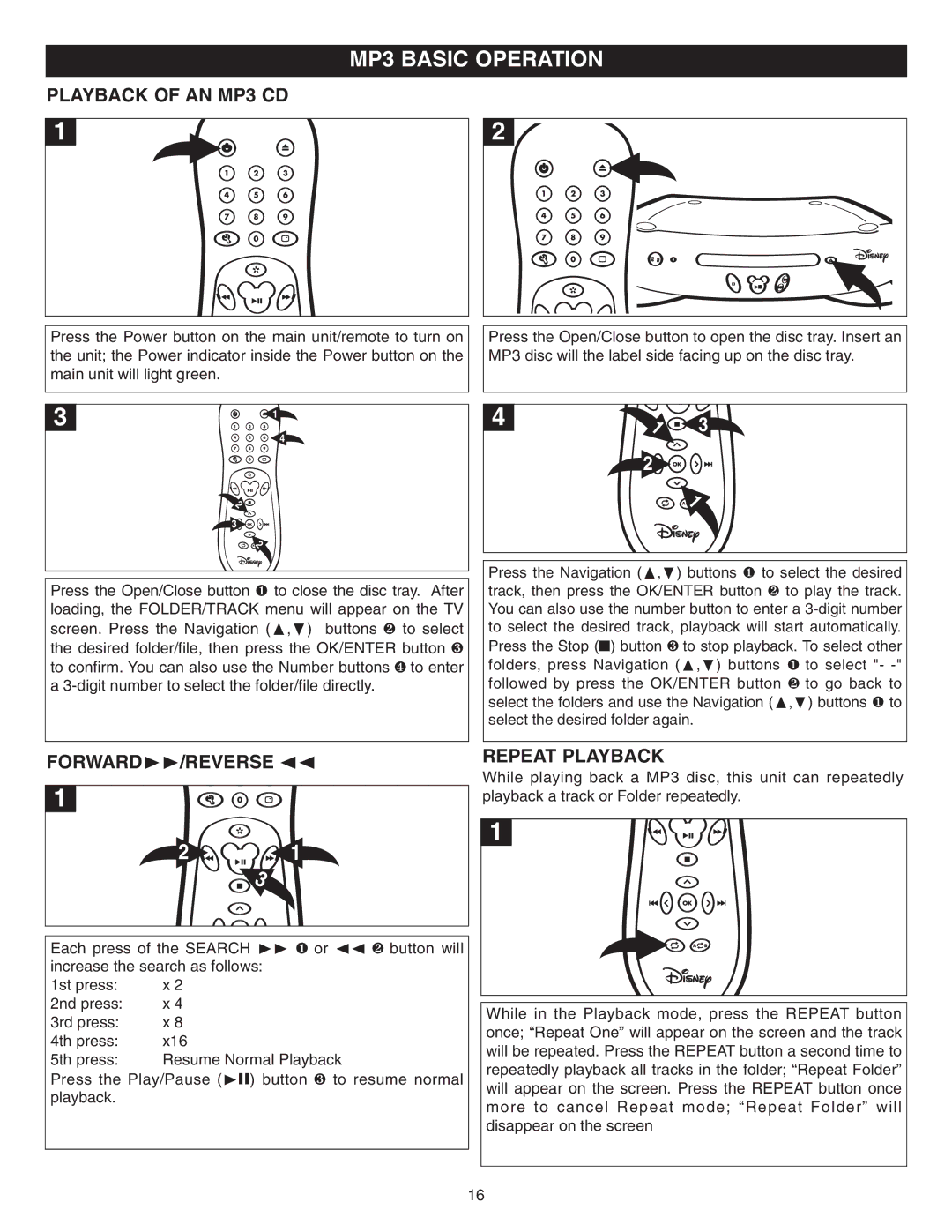 Memorex DVD2050-RWP manual MP3 Basic Operation, Playback of AN MP3 CD, FORWARD¨¨/REVERSE ÃÃ Repeat Playback 