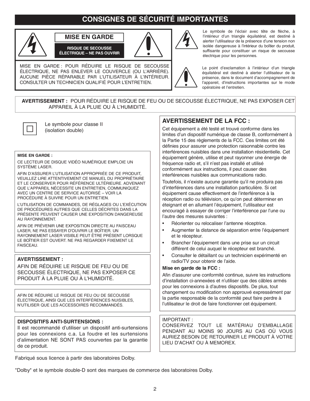 Memorex DVD2050-RWP manual Consignes DE Sécurité Importantes, Mise EN Garde, Avertissement DE LA FCC 