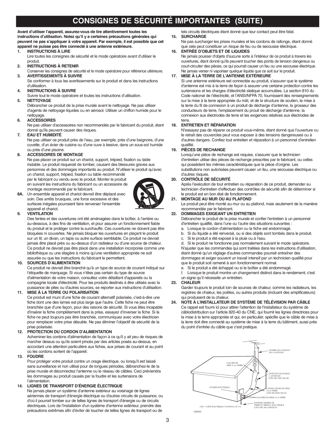 Memorex DVD2050-RWP manual Consignes DE Sécurité Importantes Suite, Avertissements À Suivre 