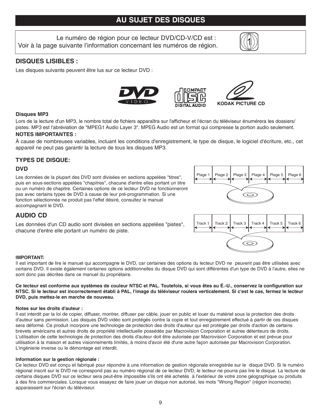 Memorex DVD2050-RWP manual AU Sujet DES Disques, Disques Lisibles, Types DE Disque DVD, Disques MP3 