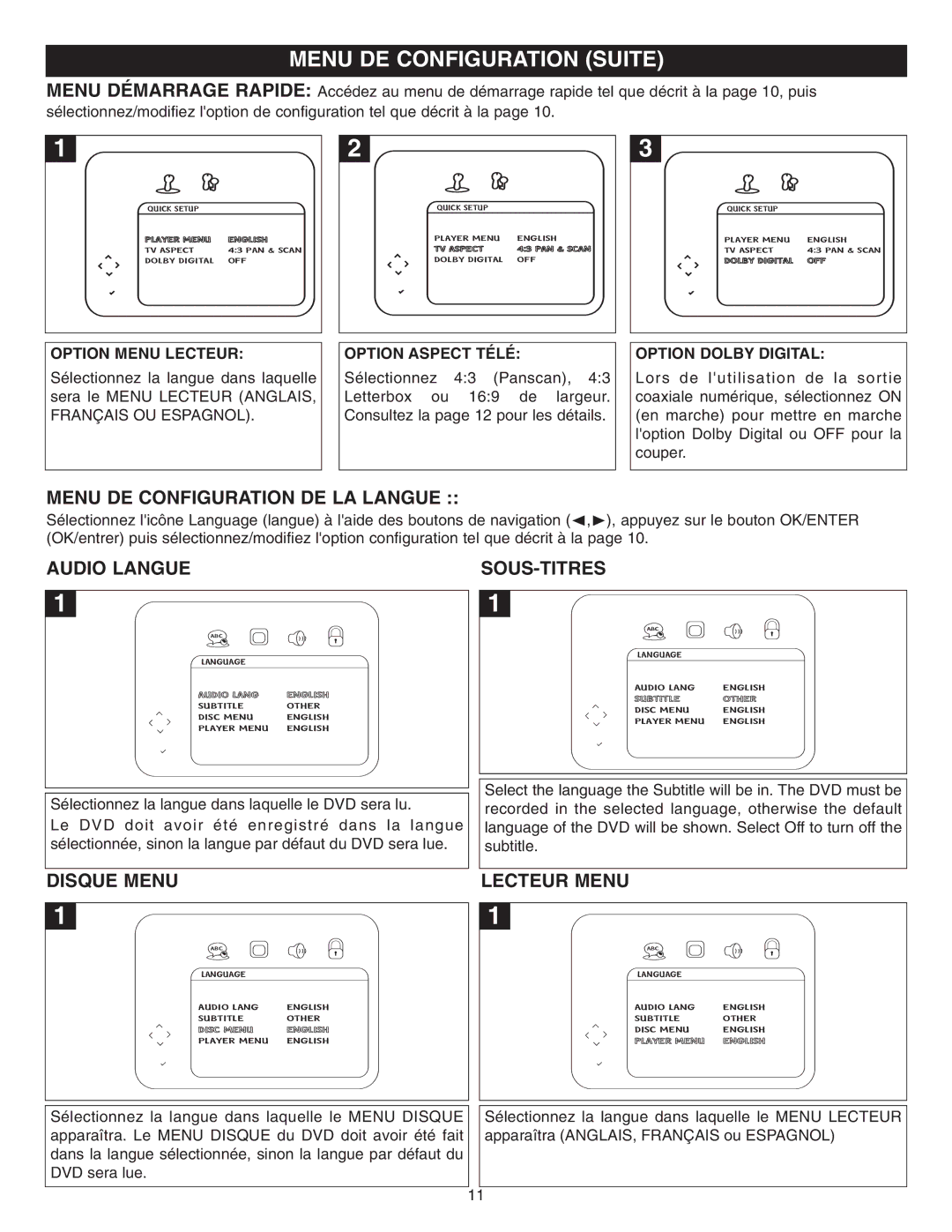 Memorex DVD2050-RWP manual Menu DE Configuration Suite, Menu DE Configuration DE LA Langue, Audio Langue, Disque Menu 