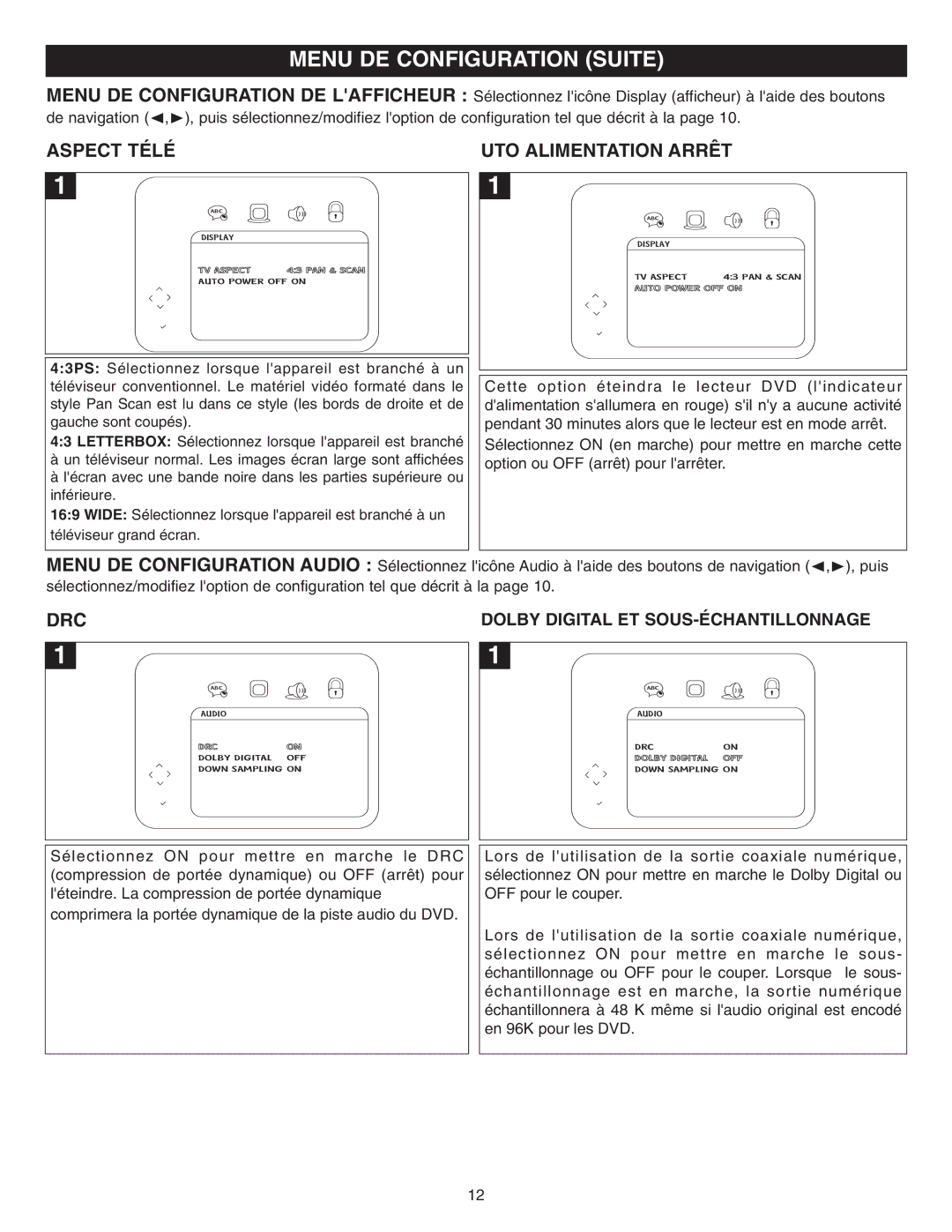 Memorex DVD2050-RWP manual Aspect Télé, UTO Alimentation Arrêt, Dolby Digital ET SOUS-ÉCHANTILLONNAGE 