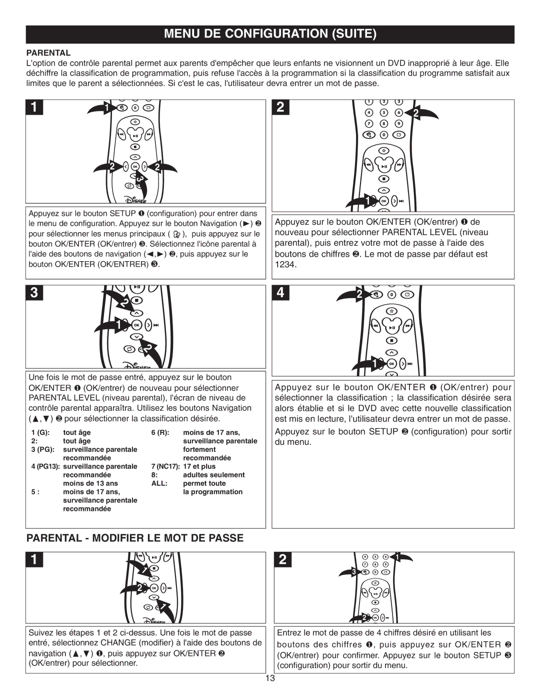 Memorex DVD2050-RWP manual Parental Modifier LE MOT DE Passe 