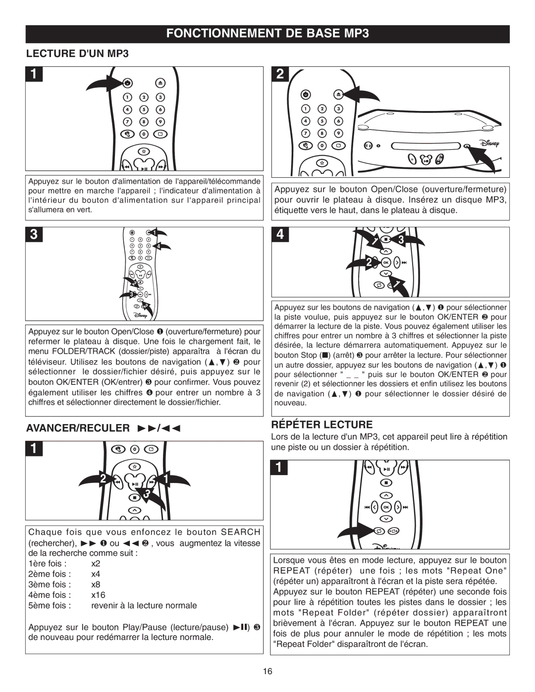 Memorex DVD2050-RWP manual Fonctionnement DE Base MP3, Lecture DUN MP3, AVANCER/RECULER Répéter Lecture 