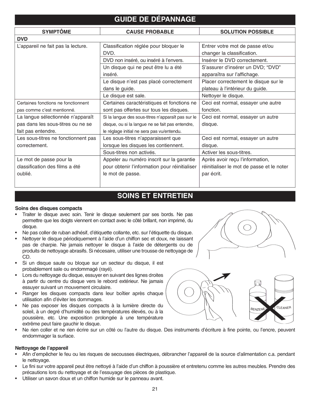 Memorex DVD2050-RWP manual Guide DE Dépannage, Soins ET Entretien, Symptôme Cause Probable Solution Possible DVD 