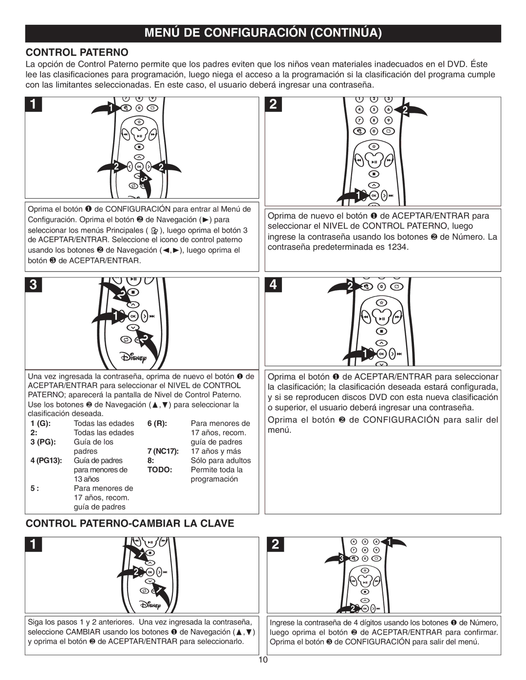 Memorex DVD2050-RWP manual Menú DE Configuración Continúa, Control Paterno, Control PATERNO-CAMBIAR LA Clave 