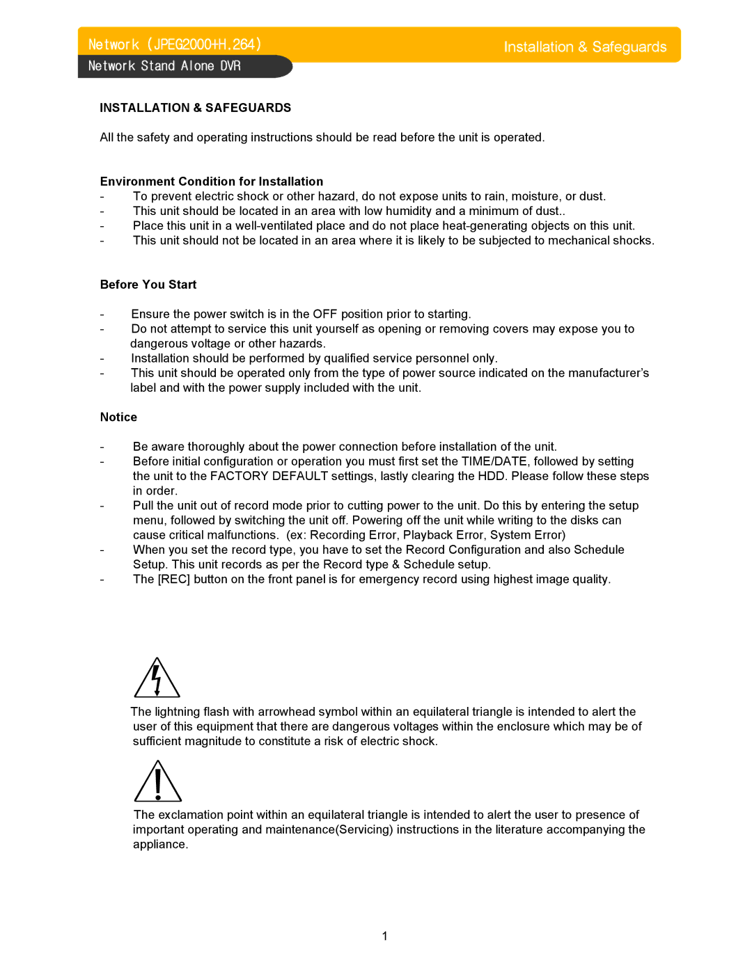 Memorex DVR H264 user manual Network JPEG2000+H.264 Installation & Safeguards 