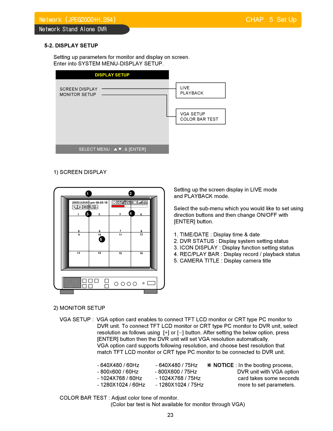 Memorex DVR H264 user manual Chap Set Up, Display Setup, Screen Display, Monitor Setup 