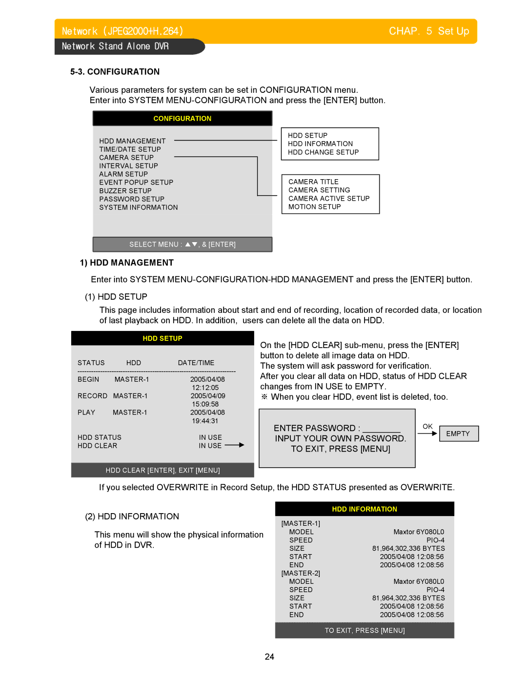 Memorex DVR H264 Configuration, HDD Management, HDD Setup, Enter Password, Input Your OWN Password To EXIT, Press Menu 