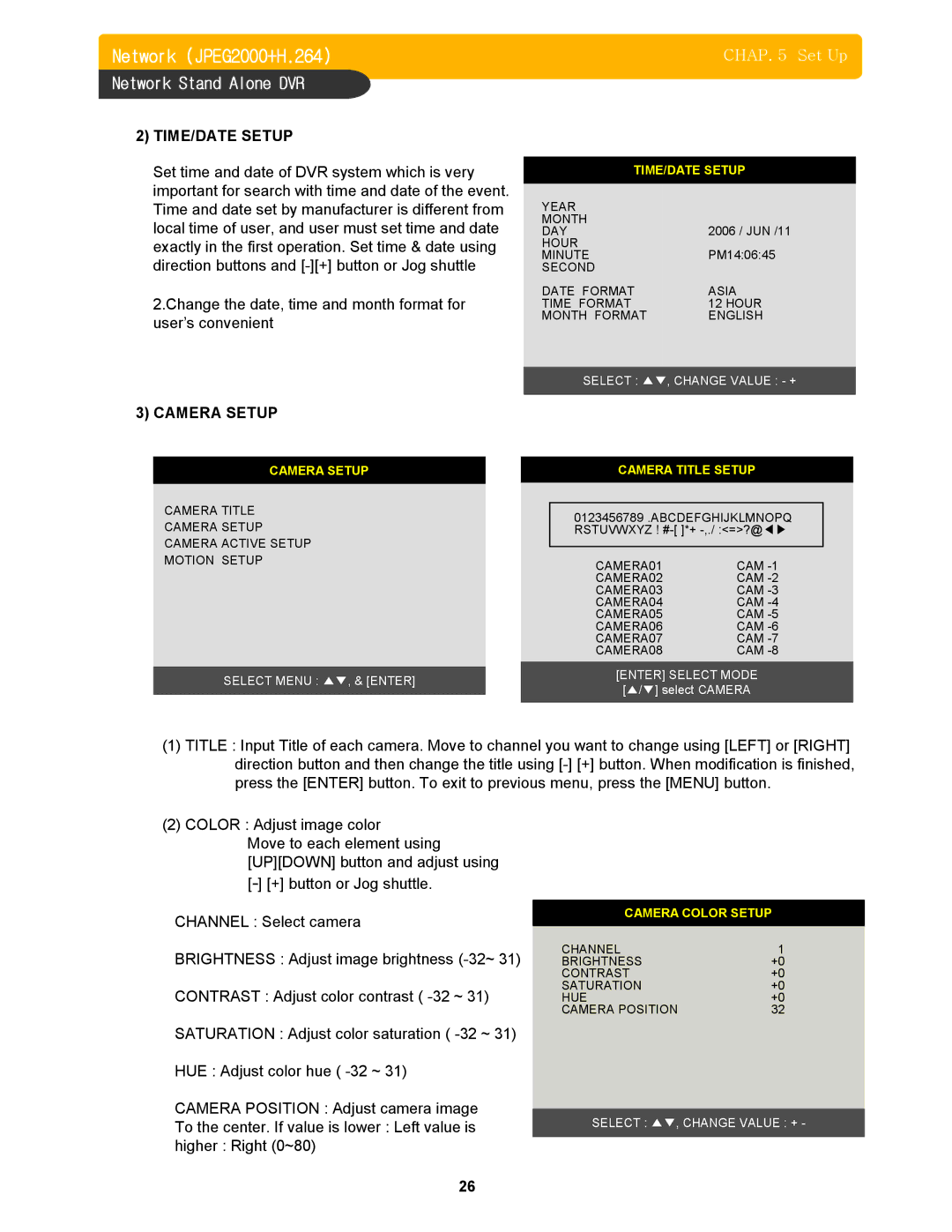 Memorex DVR H264 user manual TIME/DATE Setup, Camera Setup 