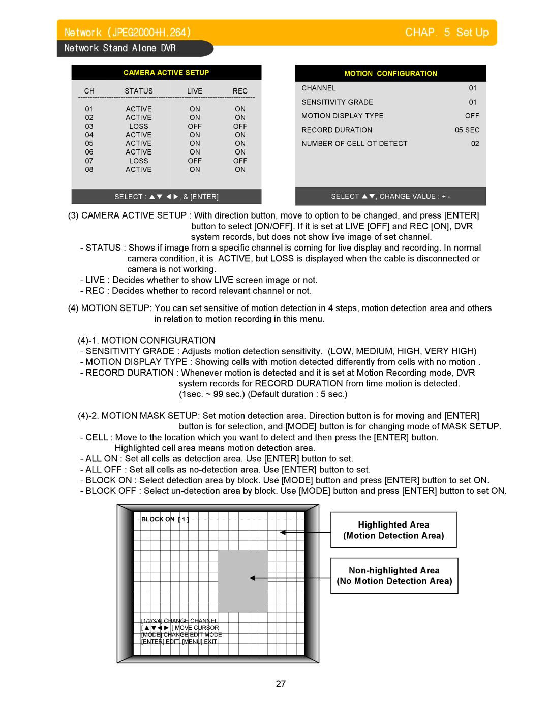 Memorex DVR H264 user manual Camera Active Setup Motion Configuration 