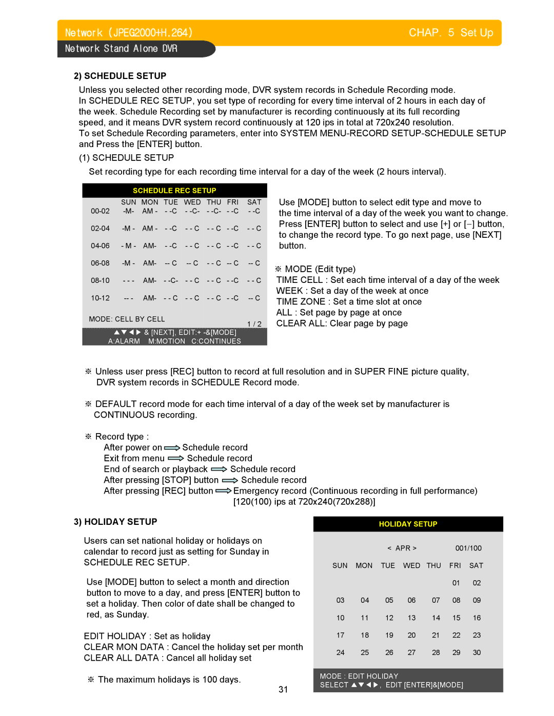 Memorex DVR H264 user manual Schedule Setup, Holiday Setup, Schedule REC Setup 