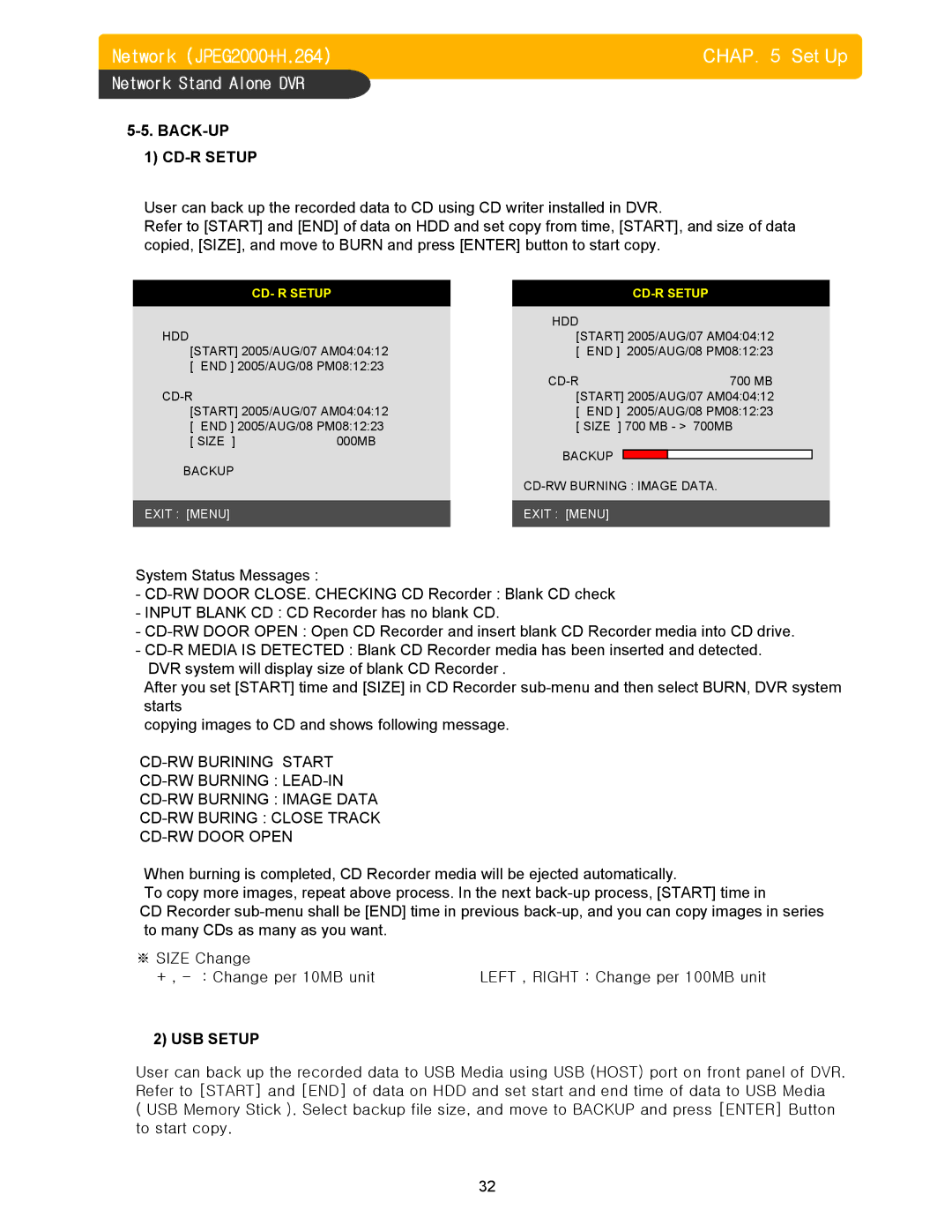 Memorex DVR H264 user manual Back-Up, CD-R Setup, USB Setup 