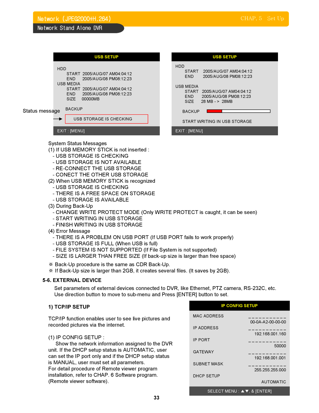 Memorex DVR H264 user manual Start Writing in USB Storage Finish Writing in USB Storage, External Device, TCP/IP Setup 