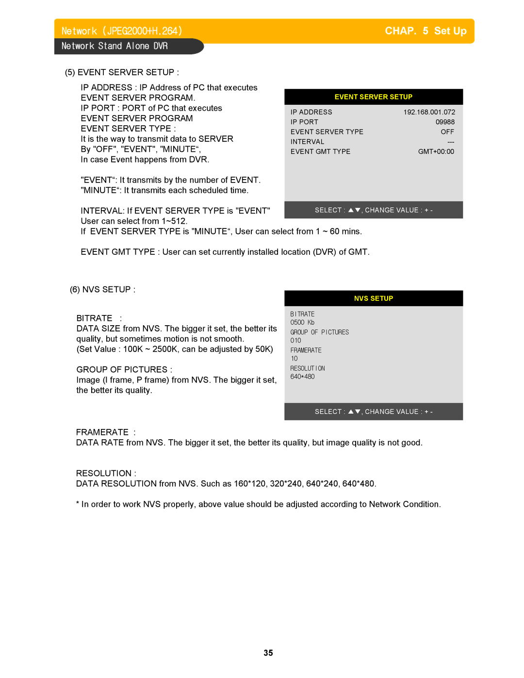 Memorex DVR H264 Event Server Setup, Event Server Program, Event Server Type, NVS Setup Bitrate, Group of Pictures 