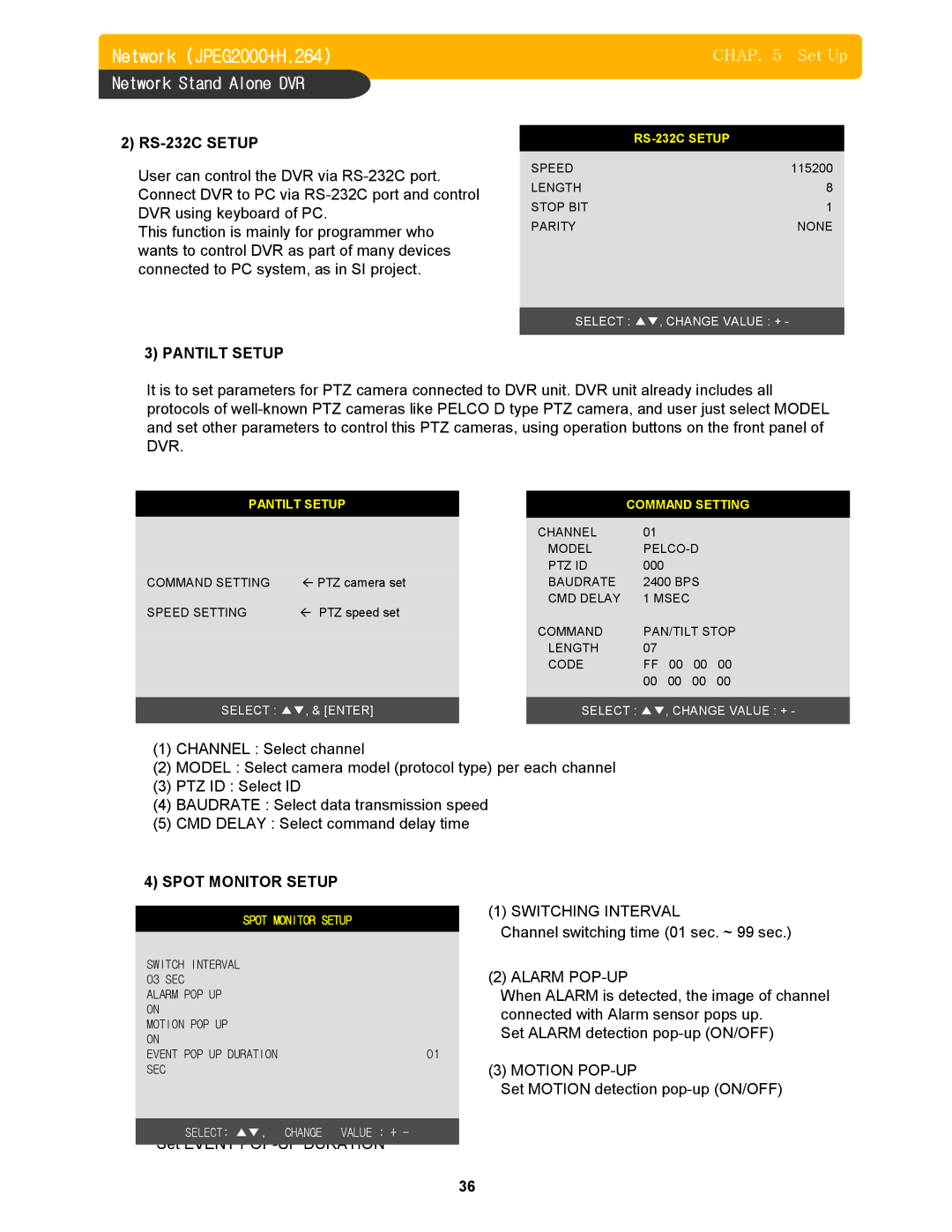 Memorex DVR H264 user manual Pantilt Setup, Spot Monitor Setup, Switching Interval, Alarm POP-UP, Motion POP-UP 