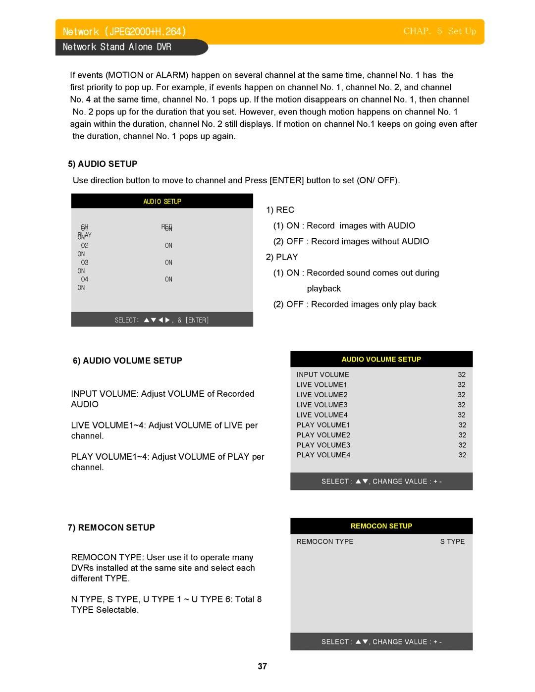 Memorex DVR H264 user manual Audio Setup, Audio Volume Setup, Remocon Setup 