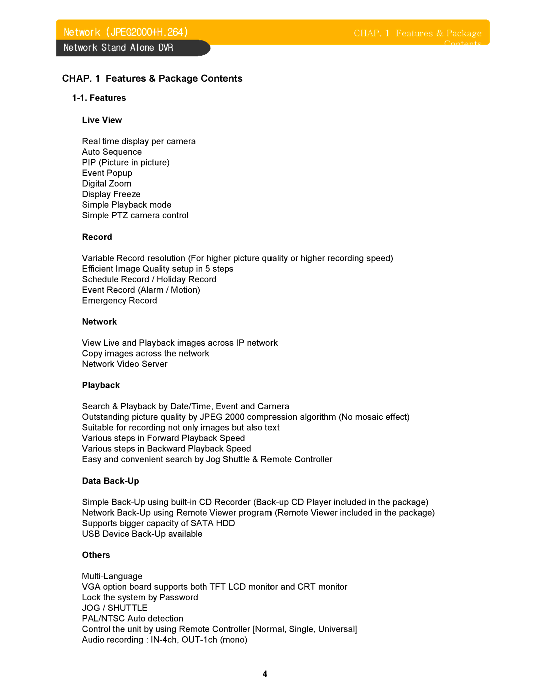 Memorex DVR H264 user manual Chap Features & Package Contents 