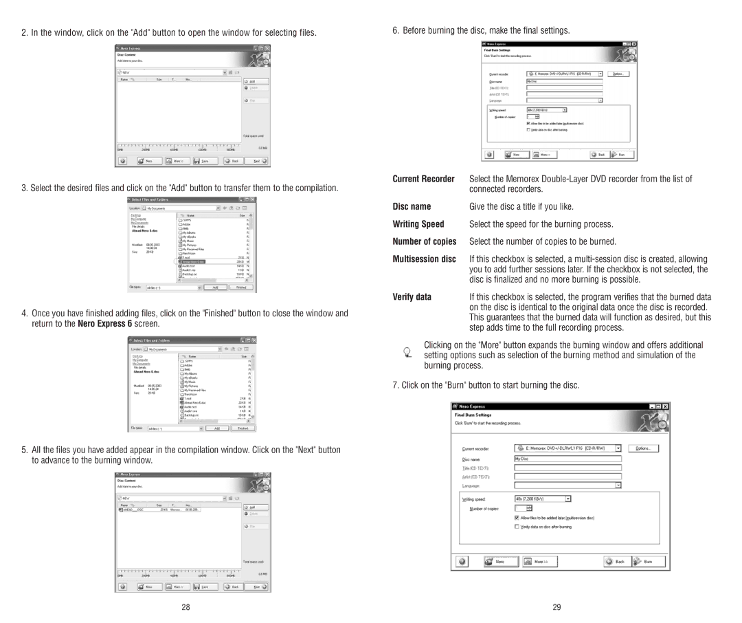 Memorex E-IDE software manual Current Recorder, Disc name, Writing Speed, Number of copies, Multisession disc, Verify data 