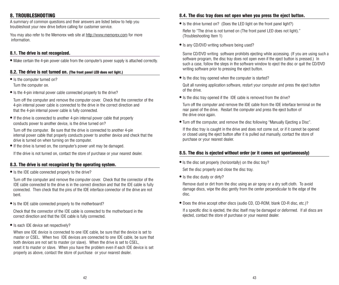 Memorex E-IDE software manual Troubleshooting, Drive is not recognized by the operating system 