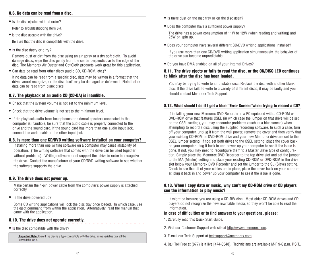 Memorex E-IDE No data can be read from a disc, Playback of an audio CD CD-DA is inaudible, Drive does not power up 