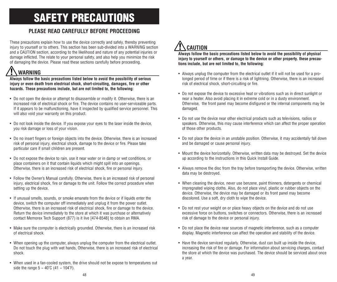 Memorex E-IDE software manual Safety Precautions 