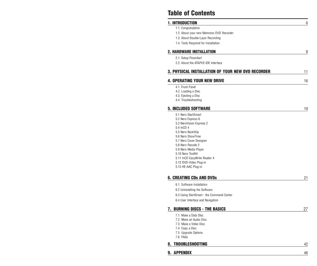 Memorex E-IDE software manual Table of Contents 