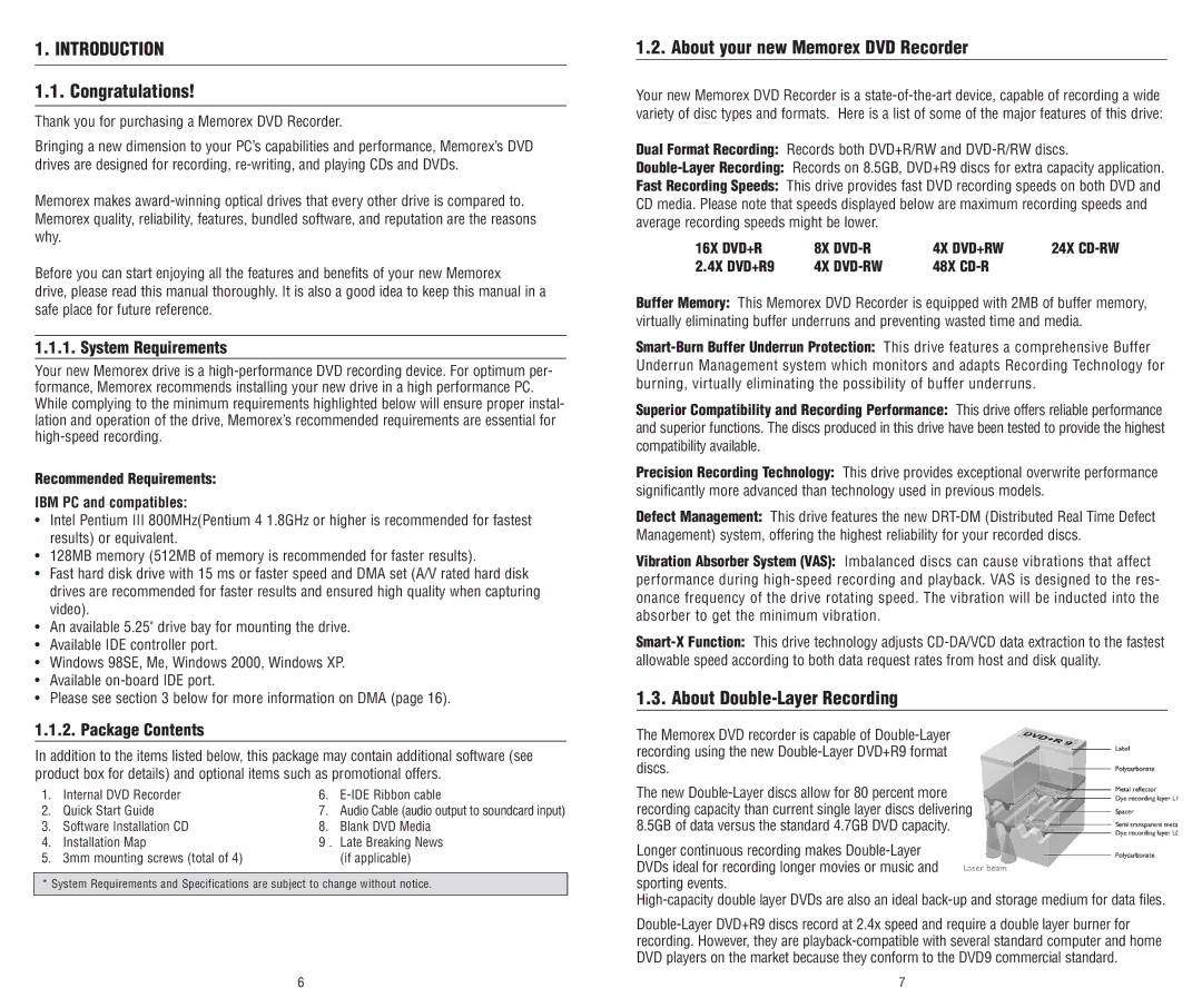Memorex E-IDE Introduction, Congratulations, About your new Memorex DVD Recorder, About Double-Layer Recording 