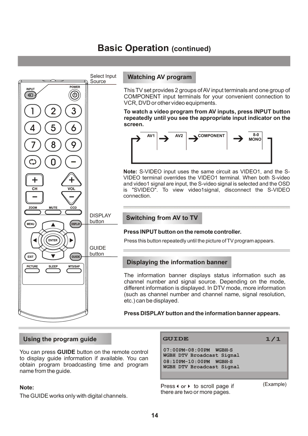 Memorex Flat Screen Tv manual Switching from AV to TV, Displaying the information banner, Using the program guide 