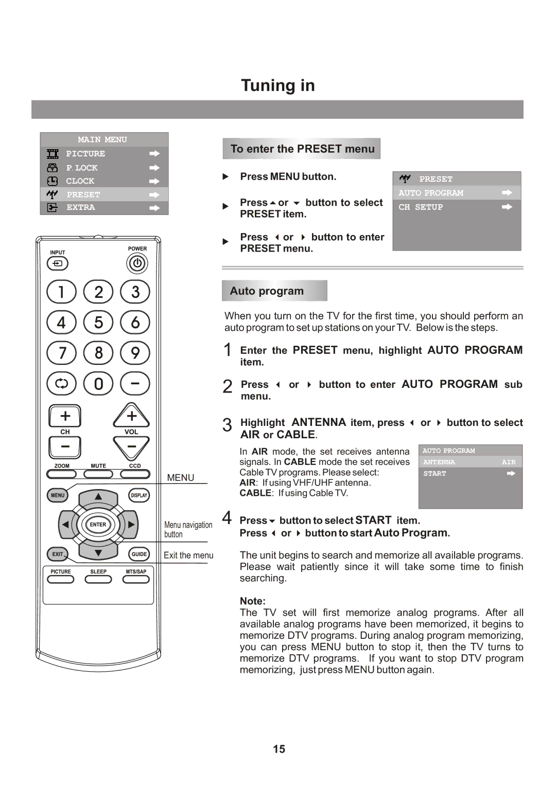 Memorex Flat Screen Tv manual Tuning, To enter the Preset menu, Auto program, AIR or Cable 