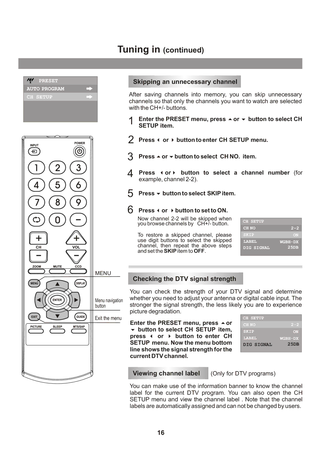 Memorex Flat Screen Tv manual Skipping an unnecessary channel, Checking the DTV signal strength, Viewing channel label 