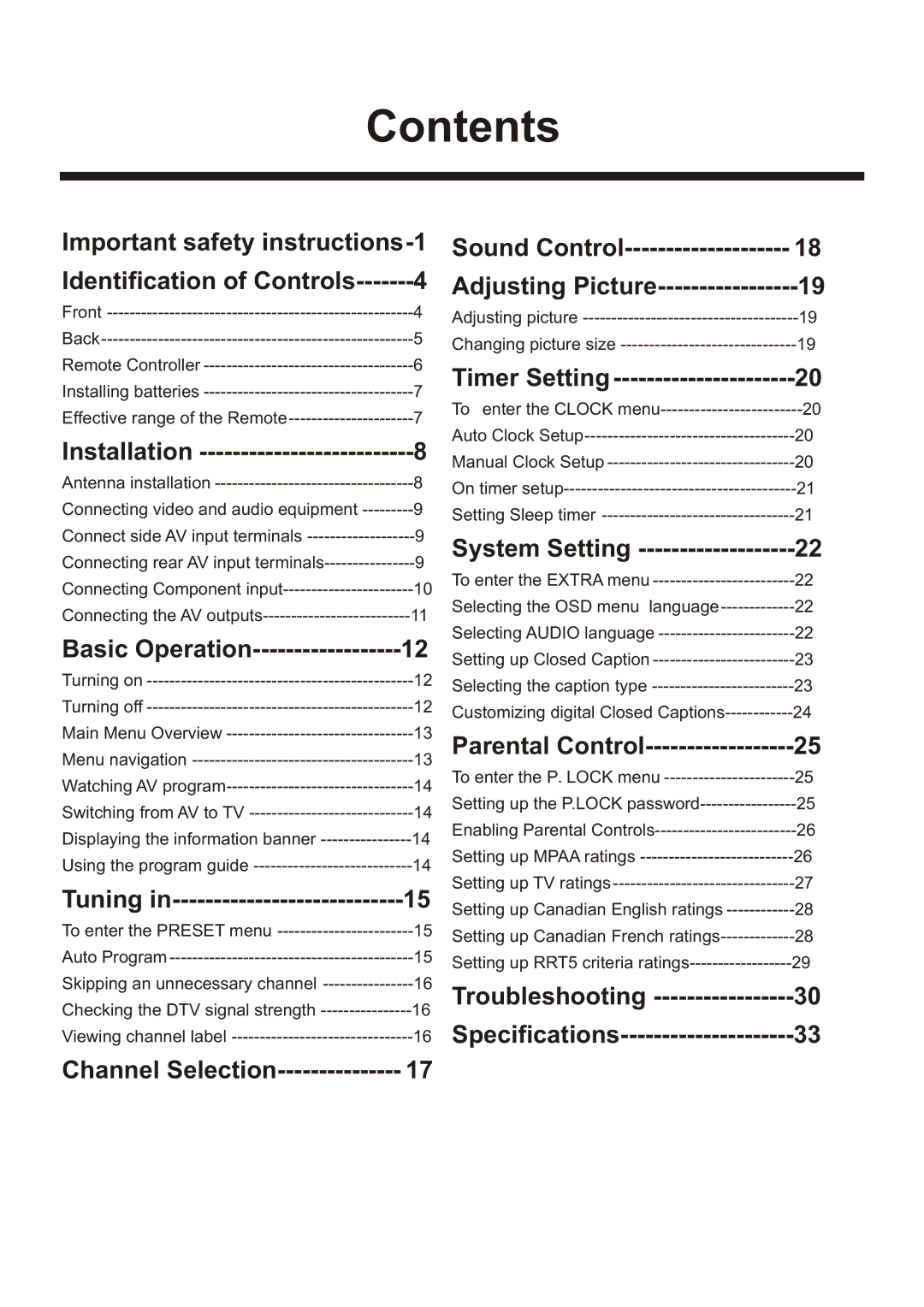 Memorex Flat Screen Tv manual Contents 